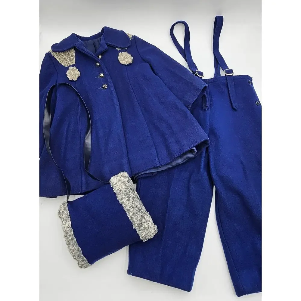 Vintage 50s/60s Girls 3T/4T Navy Blue Peacoat with Matching Pants & Hand Warmer